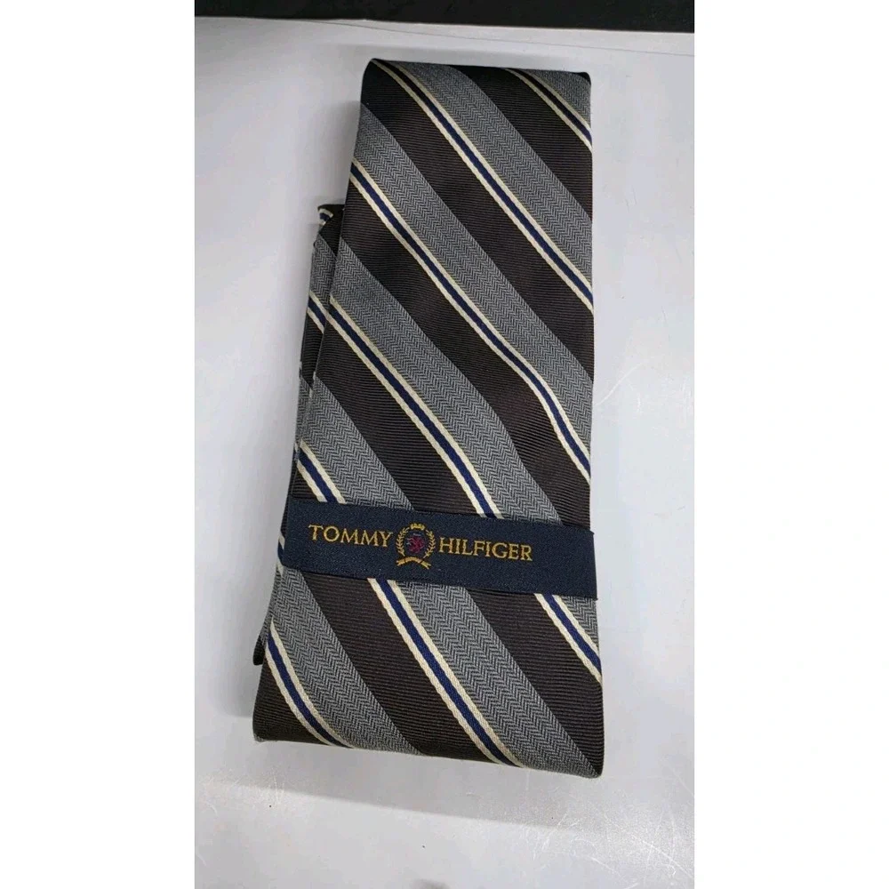 Tommy Hilfiger Brown Gray Stripe Men's Dress 100% Silk Tie Necktie New With Tag